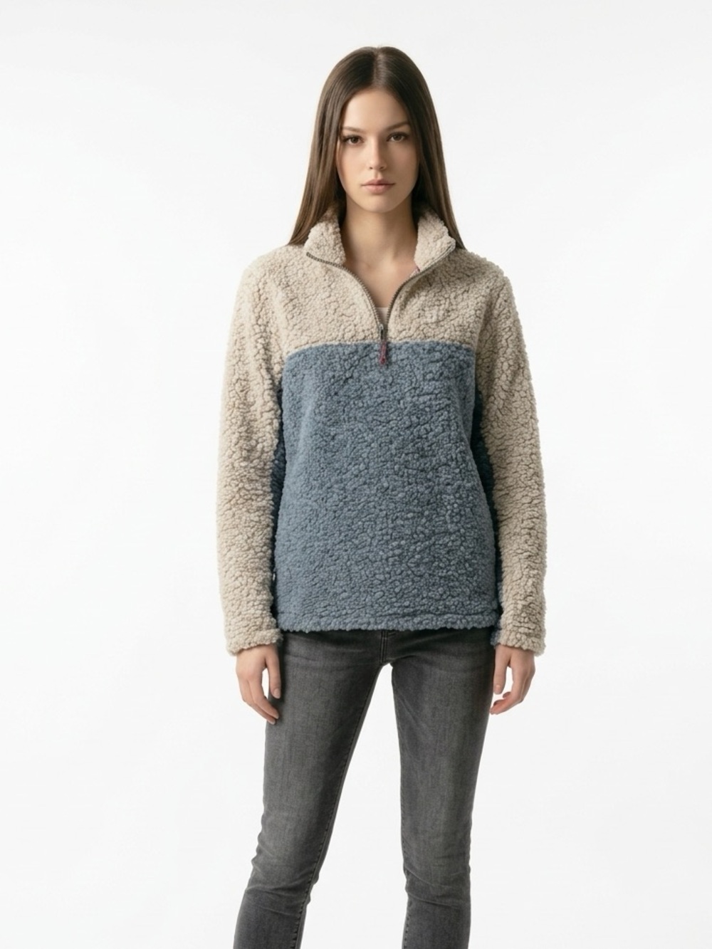 dylan Two-Tone Sherpa Half-Zip Pullover - Cream & Light Gray Medium